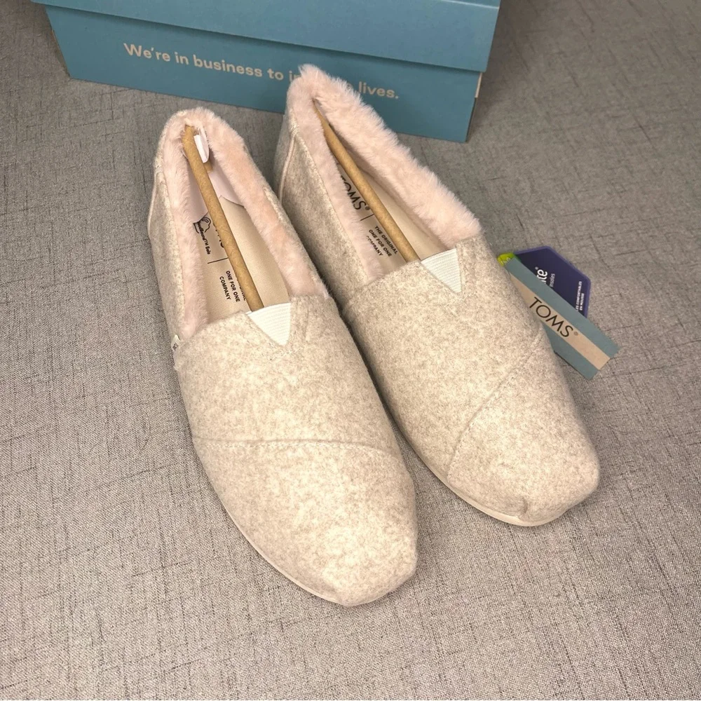 TOMS Alpargata Natural Felt Slipper Shoes with Pink Faux Fur Lining Nwt - Picture 8 of 11